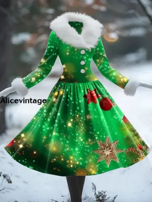 Christmas Art Print Vintage Elegant Fur Collar Long Sleeve Midi Dress