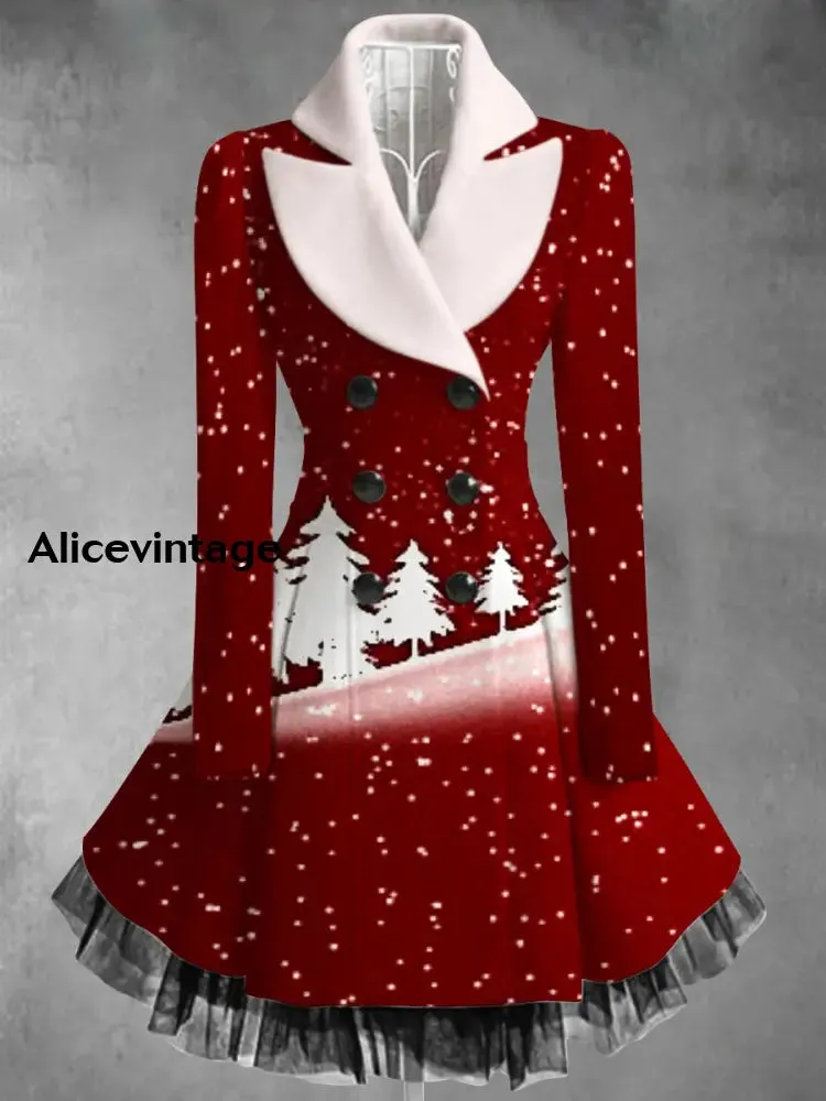 Christmas Art Print Vintage Elegant Lapel V-Neck Button Up Long Sleeve Coat Dress