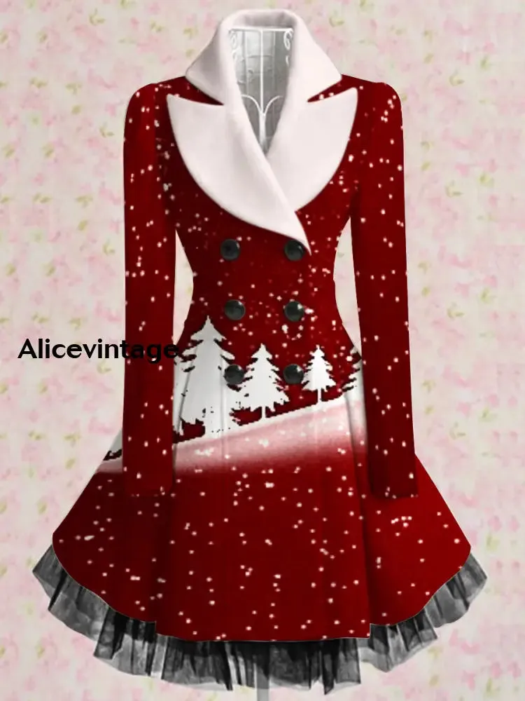 Christmas Art Print Vintage Elegant Lapel V-Neck Button Up Long Sleeve Coat Dress