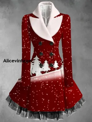 Christmas Art Print Vintage Elegant Lapel V-Neck Button Up Long Sleeve Coat Dress
