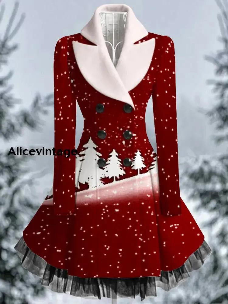 Christmas Art Print Vintage Elegant Lapel V-Neck Button Up Long Sleeve Coat Dress