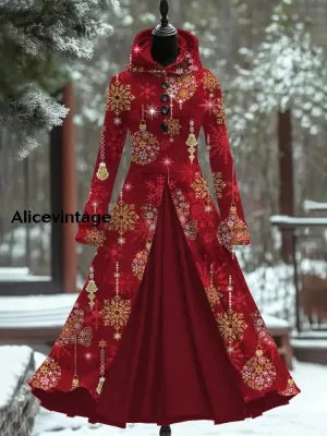 Christmas Art Print Vintage Elegant Long Sleeve Fake Two Piece Hooded Dress
