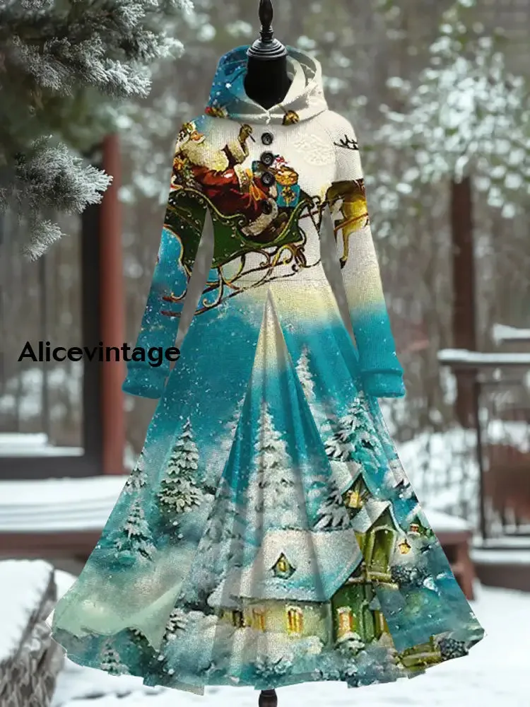 Christmas Art Print Vintage Elegant Long Sleeve Fake Two Piece Maxi Dress