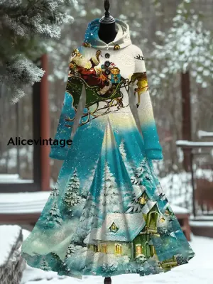 Christmas Art Print Vintage Elegant Long Sleeve Fake Two Piece Maxi Dress