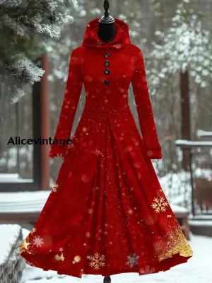 Christmas Art Print Vintage Elegant Long Sleeve Fake Two-Piece Maxi Dress