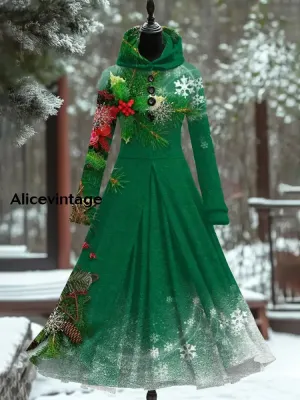 Christmas Art Print Vintage Elegant Long Sleeve Fake Two Piece Maxi Dress
