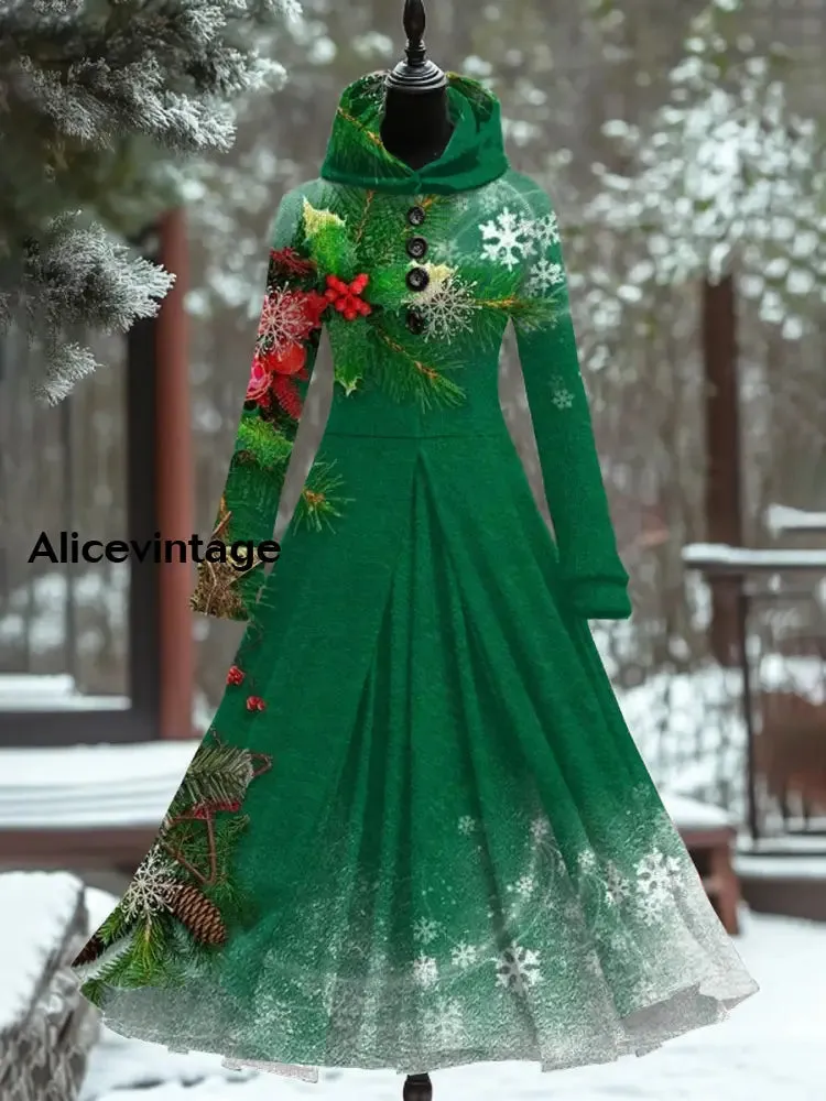 Christmas Art Print Vintage Elegant Long Sleeve Fake Two Piece Maxi Dress