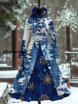 Christmas Art Print Vintage Elegant Long Sleeve Maxi Dress Fake Two Piece Dress