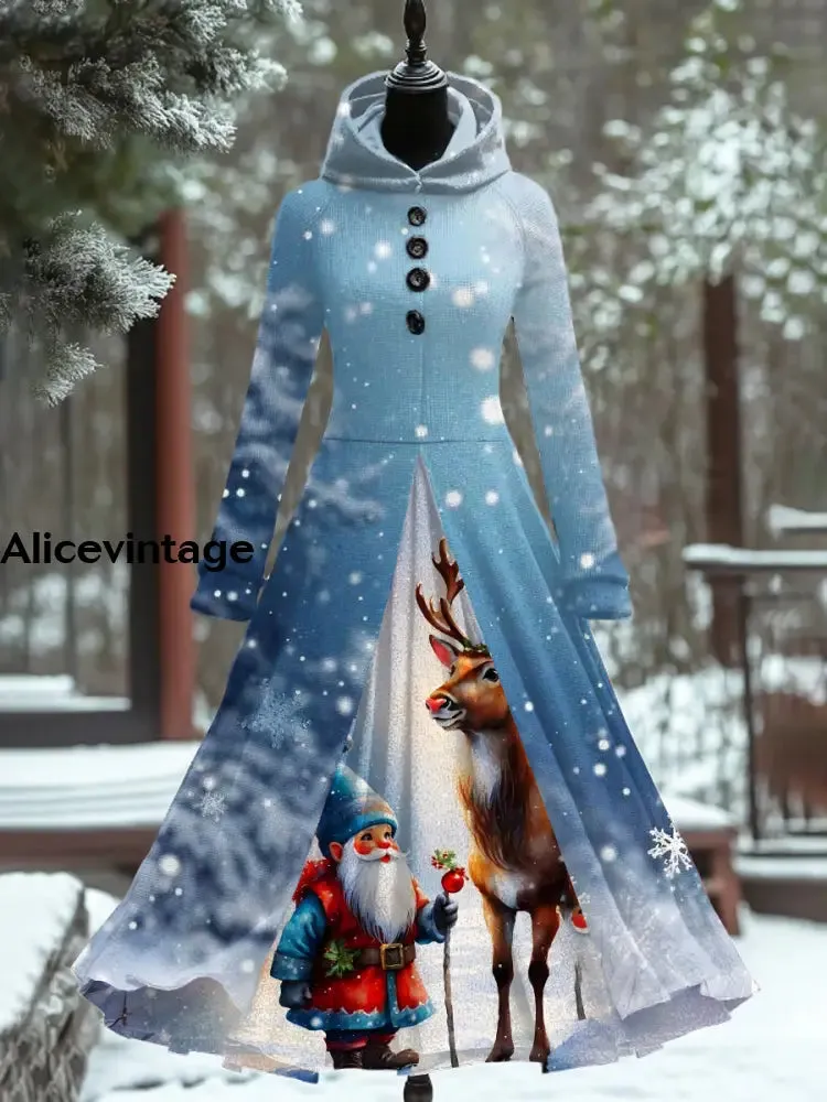 Christmas Art Print Vintage Elegant Long Sleeve Maxi Dress Fake Two Piece Dress