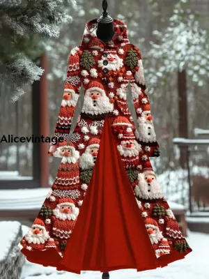 Christmas Art Print Vintage Elegant Long Sleeve Maxi Dress Fake Two Piece Dress