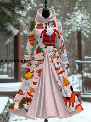 Christmas Art Print Vintage Elegant Long Sleeve Maxi Dress Fake Two Piece Dress