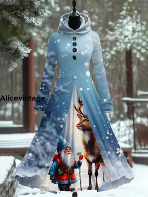 Christmas Art Print Vintage Elegant Long Sleeve Maxi Dress Fake Two Piece Dress