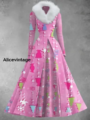 Christmas Art Print Vintage Elegant V-Neck Fur Collar Long Sleeve Midi Dress