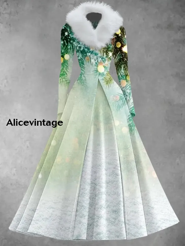 Christmas Art Print Vintage Elegant V-Neck Fur Collar Long Sleeve Midi Dress