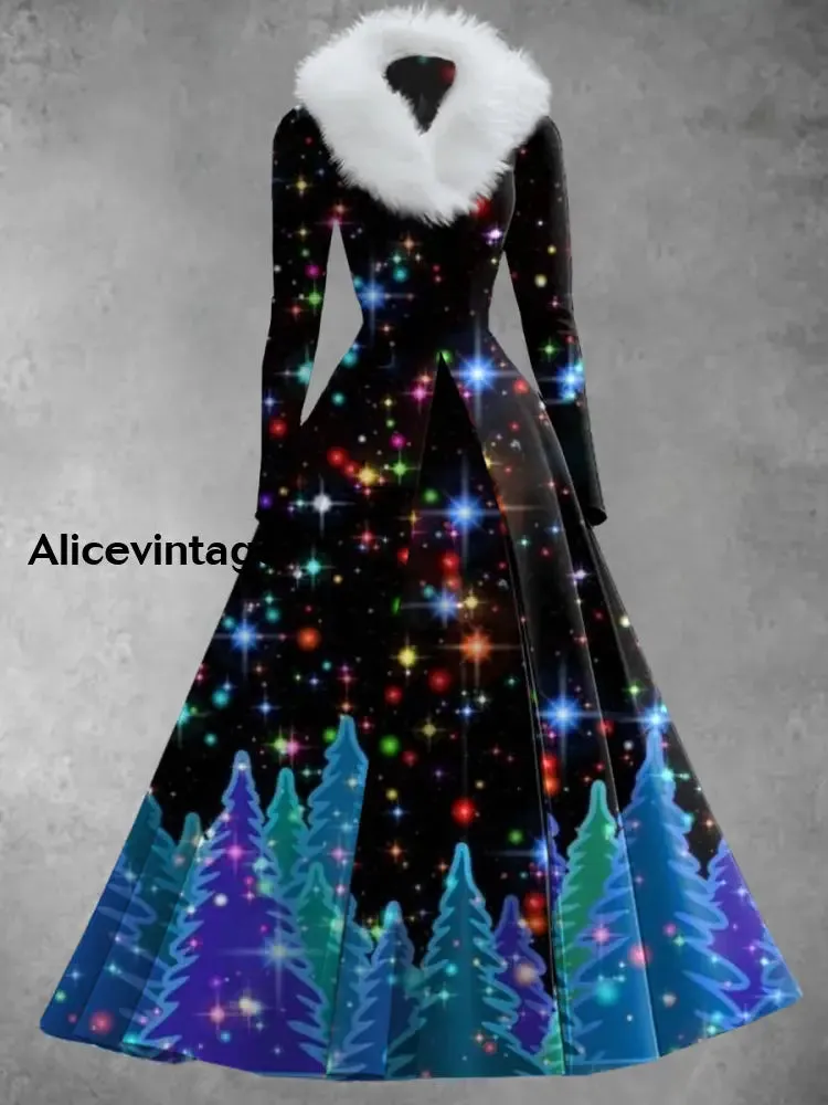 Christmas Art Print Vintage Elegant V-Neck Fur Collar Long Sleeve Midi Dress