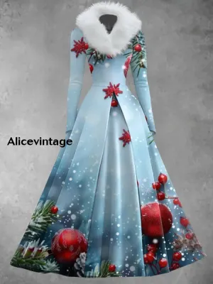 Christmas Art Print Vintage Elegant V-Neck Fur Collar Long Sleeve Midi Dress