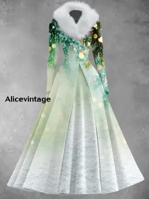 Christmas Art Print Vintage Elegant V-Neck Fur Collar Long Sleeve Midi Dress