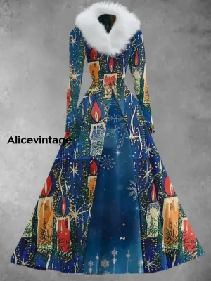 Christmas Candlelight Art Print Vintage Elegant V-Neck Fur Collar Long Sleeve Midi Dress