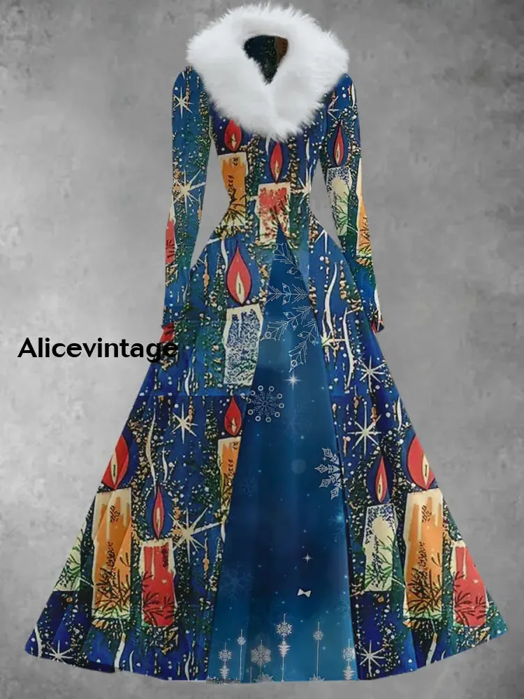 Christmas Candlelight Art Print Vintage Elegant V-Neck Fur Collar Long Sleeve Midi Dress