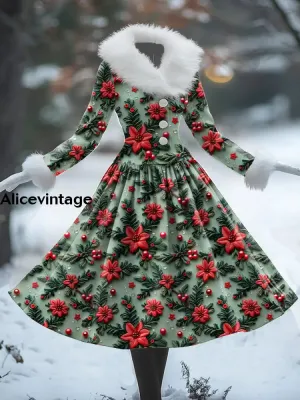 Christmas Floral Art Print Vintage Elegant Fur Collar Long Sleeve Midi Dress