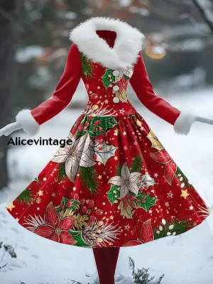 Christmas Floral Art Print Vintage Elegant Fur Collar Long Sleeve Midi Dress