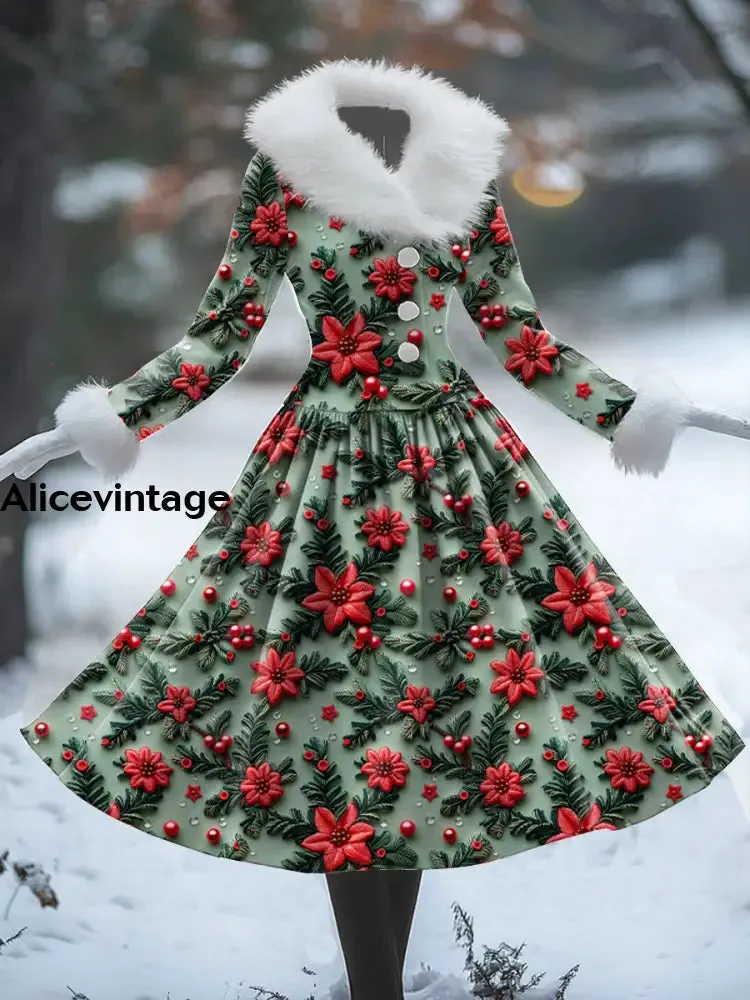 Christmas Floral Art Print Vintage Elegant Fur Collar Long Sleeve Midi Dress