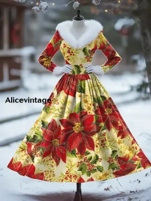Christmas Floral Print Vintage Elegant Fur Collar Long Sleeve Midi Dress