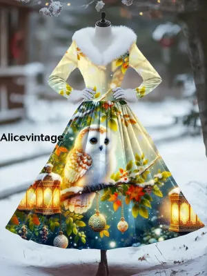 Christmas Owl Art Print Vintage Elegant Fur Collar Long Sleeve Midi Dress
