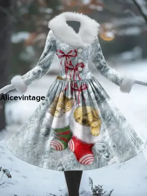 Christmas Pets Art Print Vintage Elegant Fur Collar Long Sleeve Midi Dress