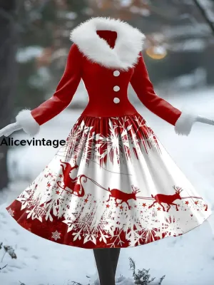 Christmas Reindeer Art Print Vintage Elegant Fur Collar Long Sleeve Midi Dress