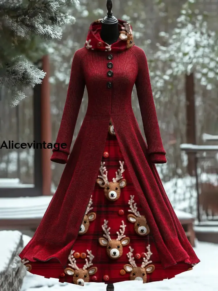 Christmas Reindeer Art Print Vintage Elegant Long Sleeve Maxi Dress Fake Two Piece Dress