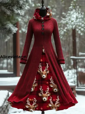 Christmas Reindeer Art Print Vintage Elegant Long Sleeve Maxi Dress Fake Two Piece Dress