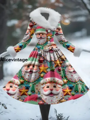 Christmas Santa Claus Art Print Vintage Elegant Fur Collar Long Sleeve Midi Dress