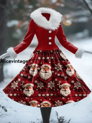 Christmas Santa Claus Art Print Vintage Elegant Fur Collar Long Sleeve Midi Dress