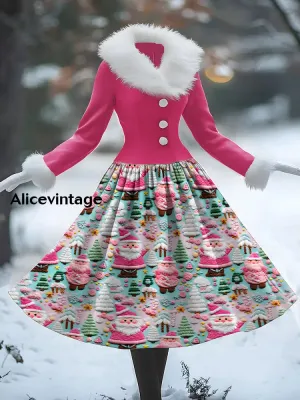 Christmas Santa Claus Art Print Vintage Elegant Fur Collar Long Sleeve Midi Dress