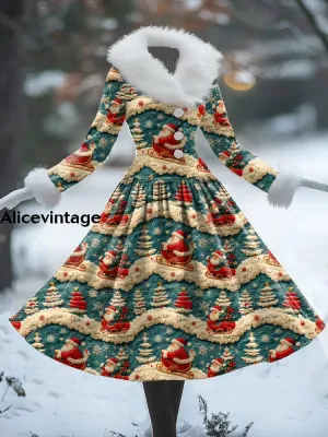 Christmas Santa Claus Art Print Vintage Elegant Fur Collar Long Sleeve Midi Dress