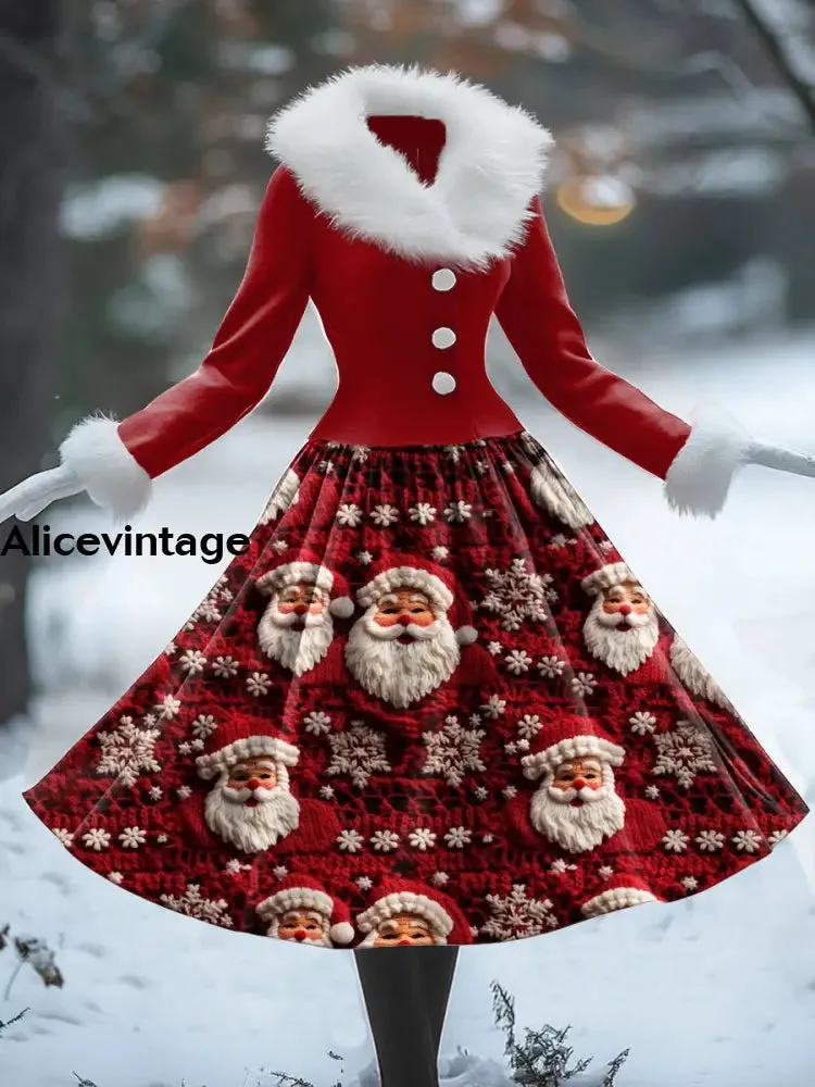 Christmas Santa Claus Art Print Vintage Elegant Fur Collar Long Sleeve Midi Dress