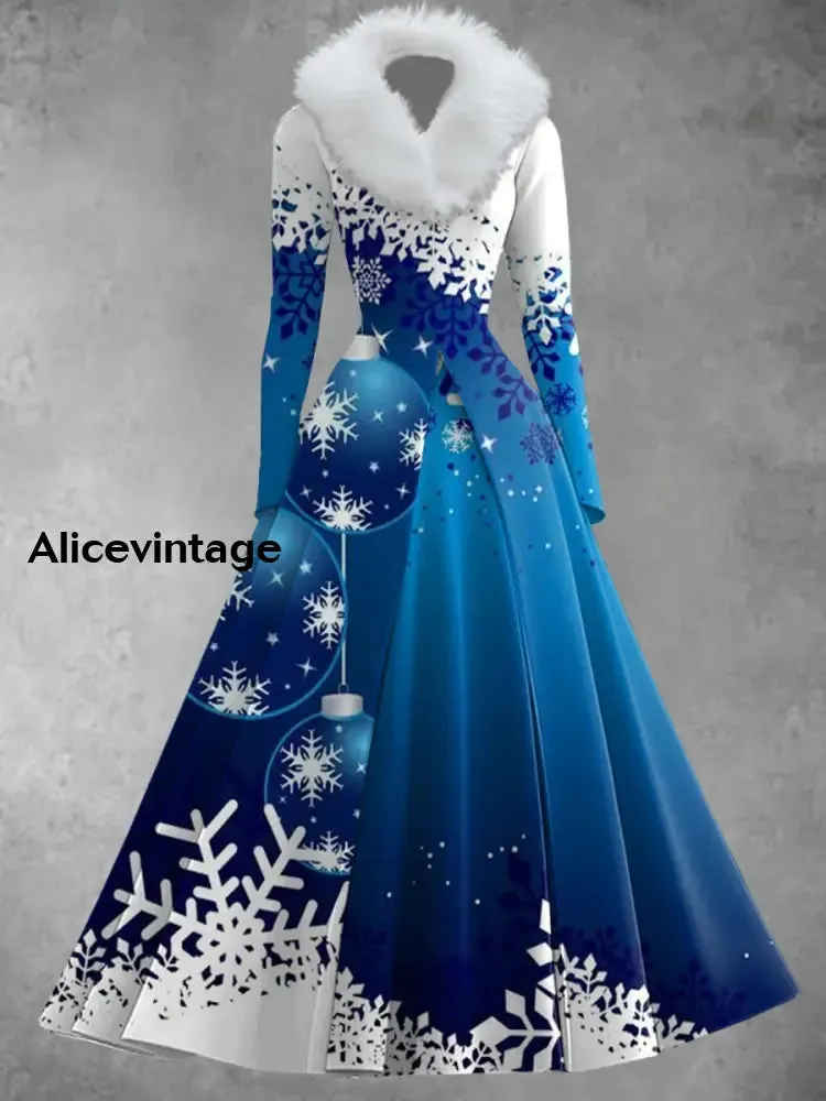 Christmas Snowflake Art Print Retro Elegant Long Sleeve Fake Two-Piece Maxi Dress