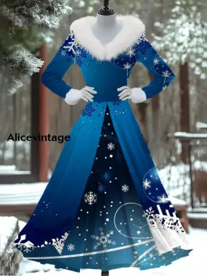 Christmas Snowflake Art Print Vintage Elegant Fur Collar Long Sleeve Fake Two Piece Dress