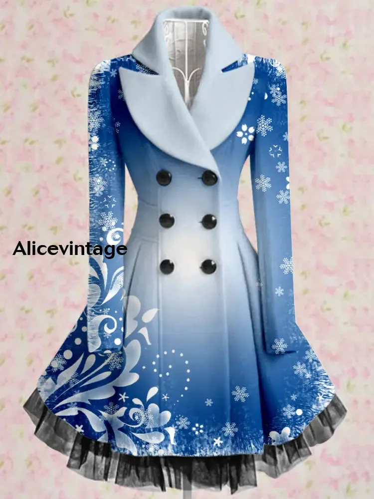 Christmas Snowflake Art Print Vintage Elegant Lapel V-Neck Button Up Long Sleeve Coat Dress