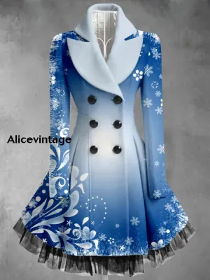 Christmas Snowflake Art Print Vintage Elegant Lapel V-Neck Button Up Long Sleeve Coat Dress