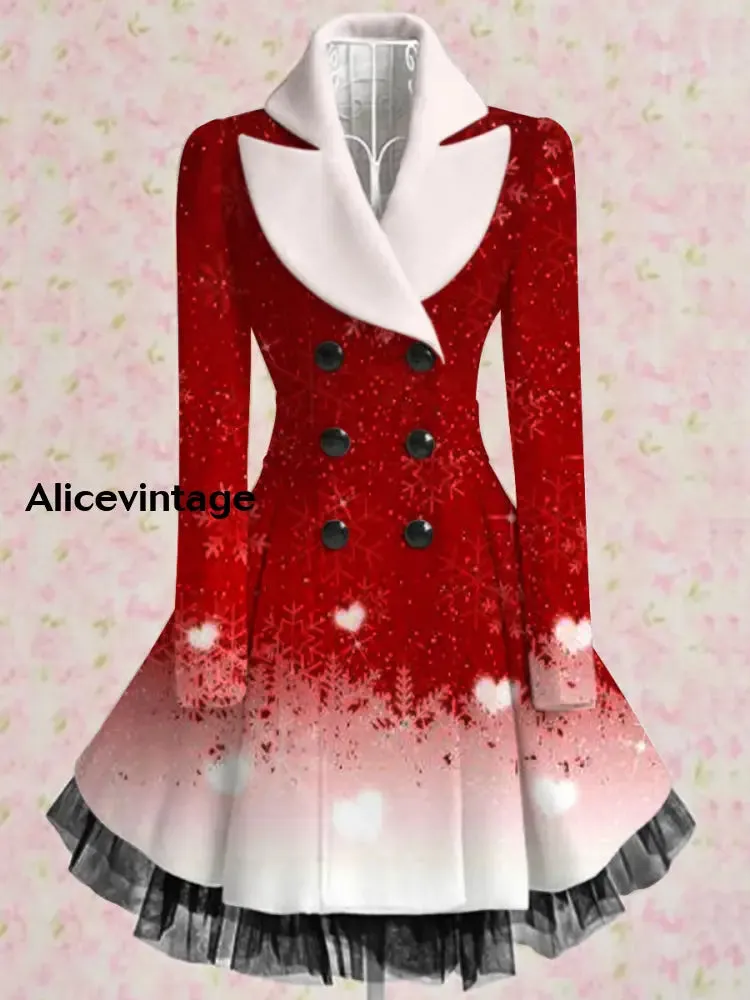 Christmas Snowflake Art Print Vintage Elegant Lapel V-Neck Button Up Long Sleeve Coat Dress