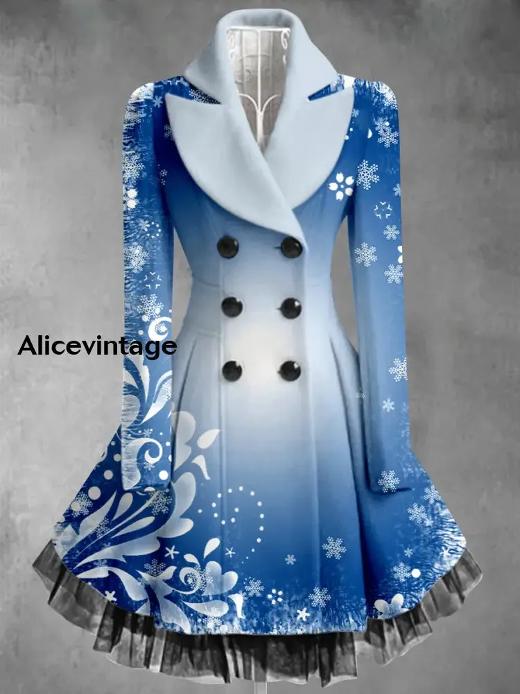 Christmas Snowflake Art Print Vintage Elegant Lapel V-Neck Button Up Long Sleeve Coat Dress