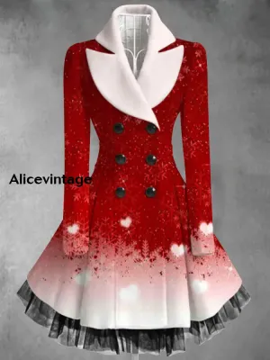Christmas Snowflake Art Print Vintage Elegant Lapel V-Neck Button Up Long Sleeve Coat Dress