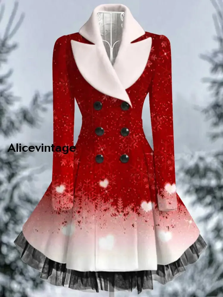 Christmas Snowflake Art Print Vintage Elegant Lapel V-Neck Button Up Long Sleeve Coat Dress