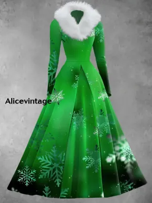 Christmas Snowflake Art Print Vintage Elegant V-Neck Fur Collar Long Sleeve Midi Dress