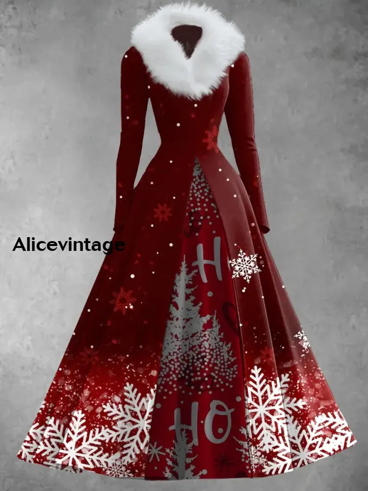 Christmas Snowflake Art Print Vintage Elegant V-Neck Fur Collar Long Sleeve Midi Dress