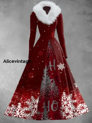 Christmas Snowflake Art Print Vintage Elegant V-Neck Fur Collar Long Sleeve Midi Dress