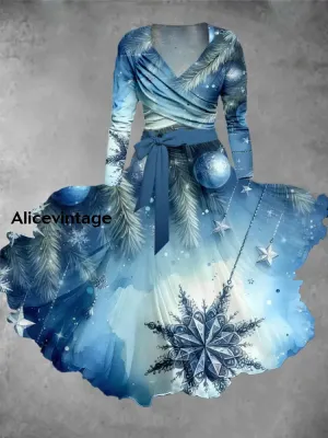 Christmas Snowflake Art Print Vintage Elegant V-Neck Long Sleeve Two Piece Midi Dress