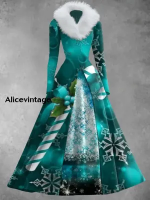 Christmas Snowflake Print Vintage Elegant Long Sleeve Maxi Dress Fake Two-Piece Dress